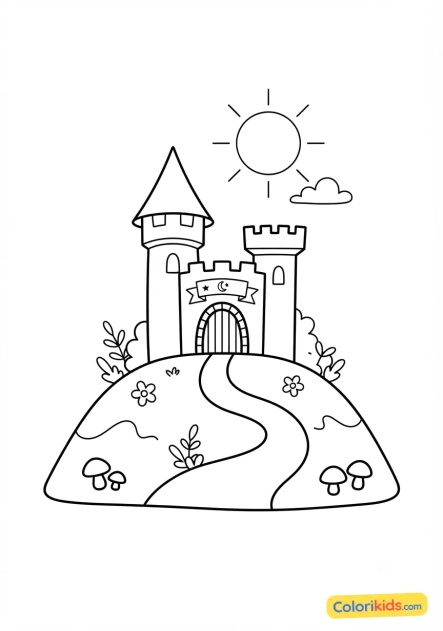 Coloriage à imprimer : château fort sur une colline enchantée