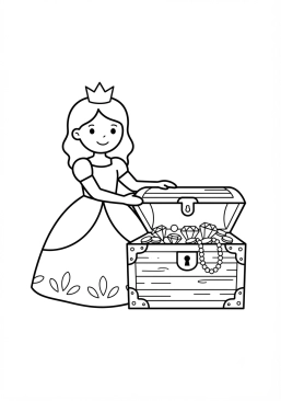 Coloriage Princesse et coffre aux trésors ancien