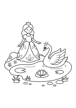 Coloriage Princesse et cygne majestueux sur l'étang