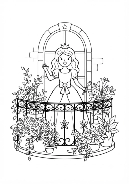 Coloriage Princesse sur son balcon fleuri