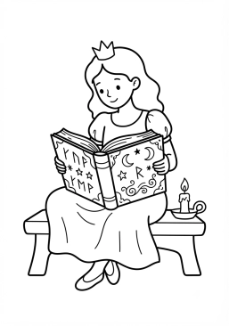Coloriage Princesse lisant un grimoire magique