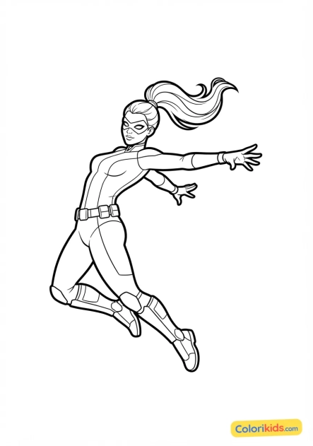 Coloriage à imprimer : super-héroïne acrobatique effectuant un saut périlleux héroïque