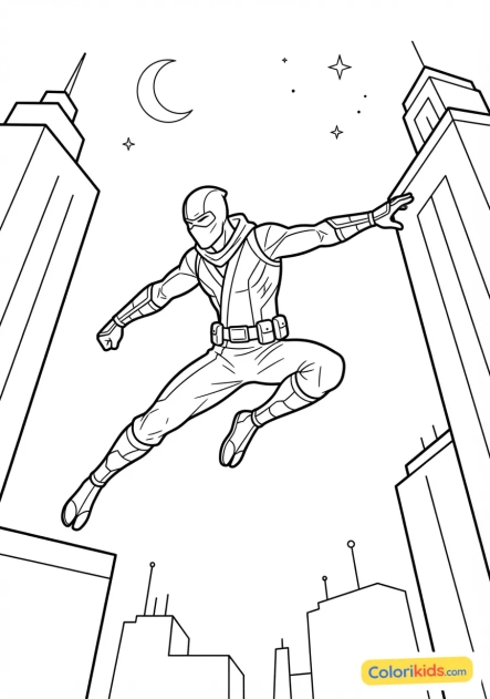 Coloriage à imprimer : super-héros ninja agile sautant entre les gratte-ciels la nuit