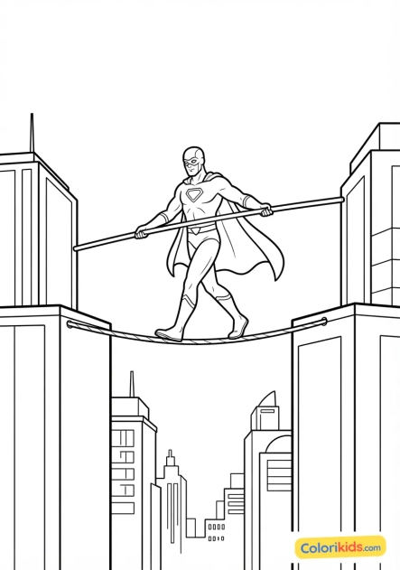 Coloriage à imprimer : super-héros agile marchant sur un fil entre deux gratte-ciels