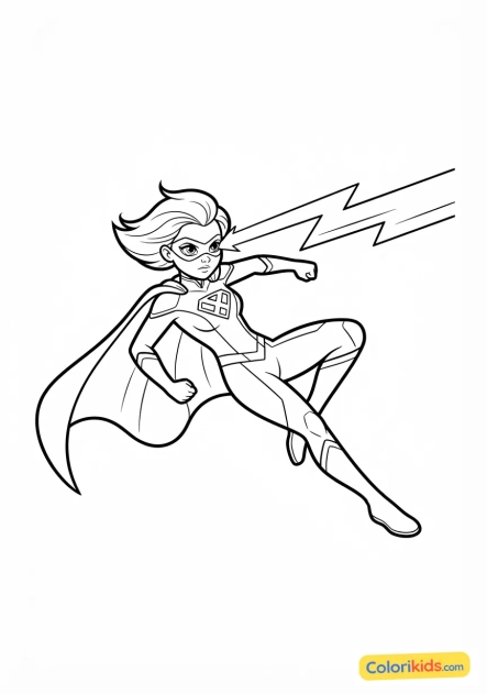 Coloriage à imprimer : jeune super-héroïne agile esquivant un rayon laser futuriste