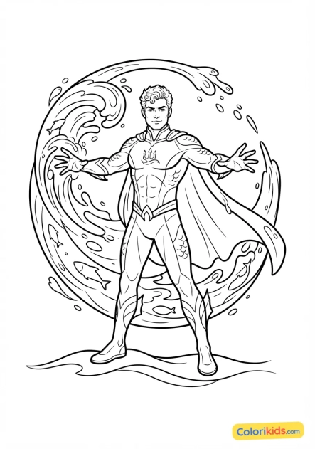 Coloriage à imprimer : super-héros aquatique contrôlant une vague d'eau puissante