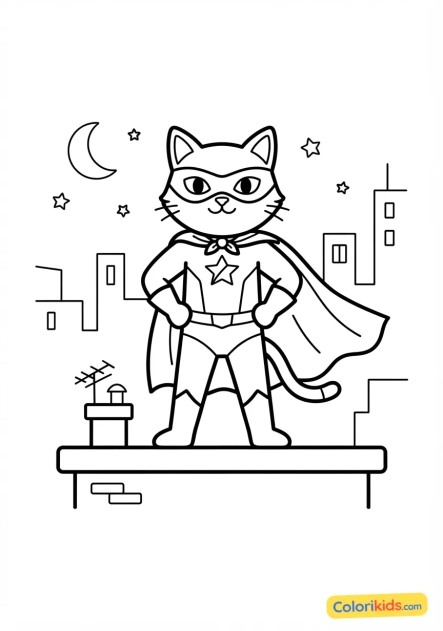 Coloriage à imprimer : chat costumé en super-héros masqué posé sur un toit urbain