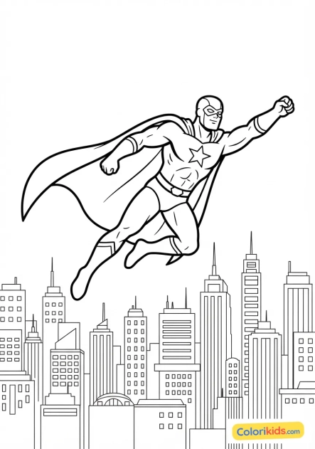 Coloriage à imprimer : super-héros courageux volant fièrement au-dessus d'une métropole animée