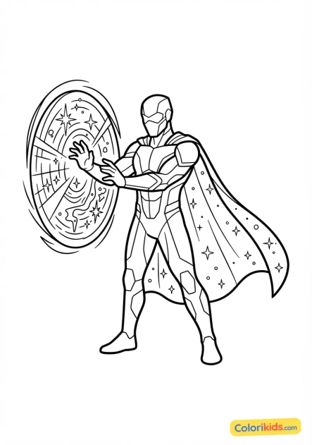Coloriage à imprimer : super-héros dimensionnel ouvrant un portail cosmique étincelant