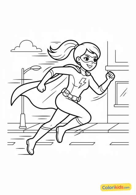 Coloriage à imprimer : super-héroïne rapide courant dans la rue