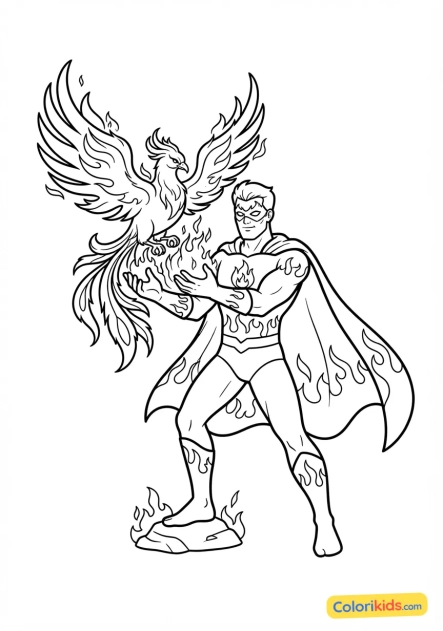 Coloriage à imprimer : super-héros de feu créant un phoenix flamboyant dans ses mains