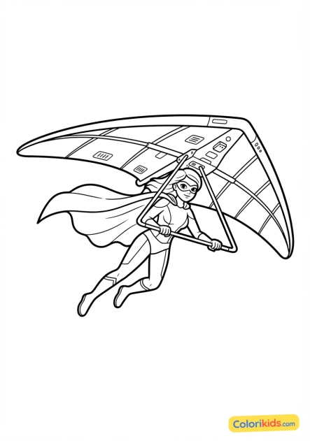 Coloriage à imprimer : super-héroïne masquée planant en deltaplane technologique