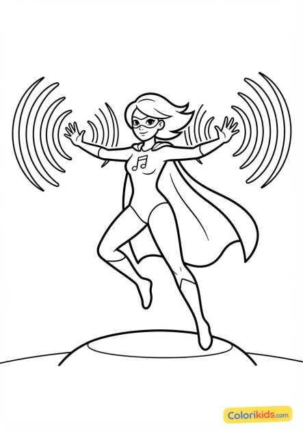 Coloriage à imprimer : super-héroïne musicale utilisant des ondes sonores comme super-pouvoir