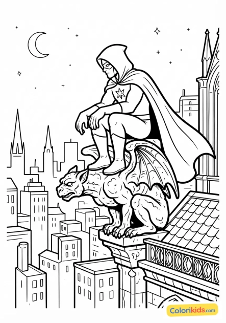 Coloriage à imprimer : super-héros mystérieux observant la ville depuis une gargouille