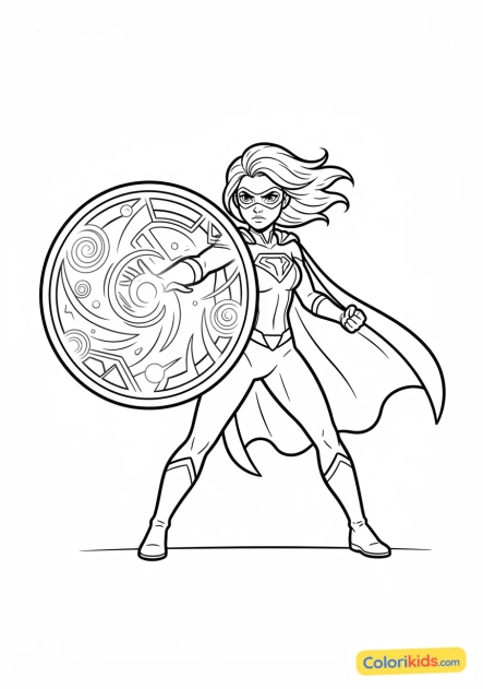 Coloriage à imprimer : super-héroïne protectrice créant un bouclier énergétique circulaire