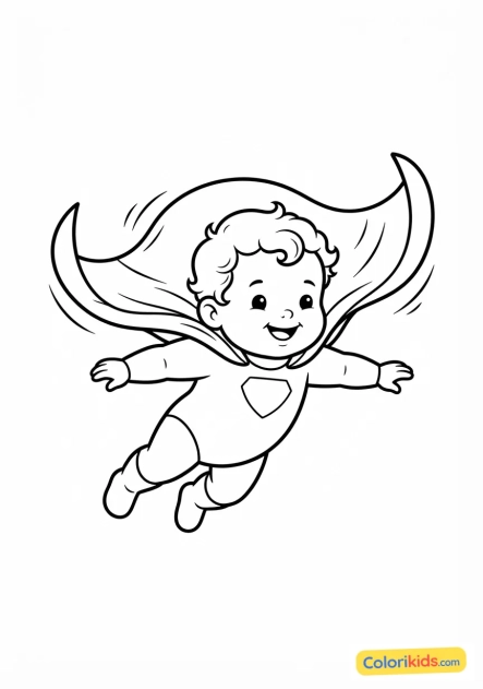 Coloriage à imprimer : bébé super-héros souriant portant une cape flottante au vent