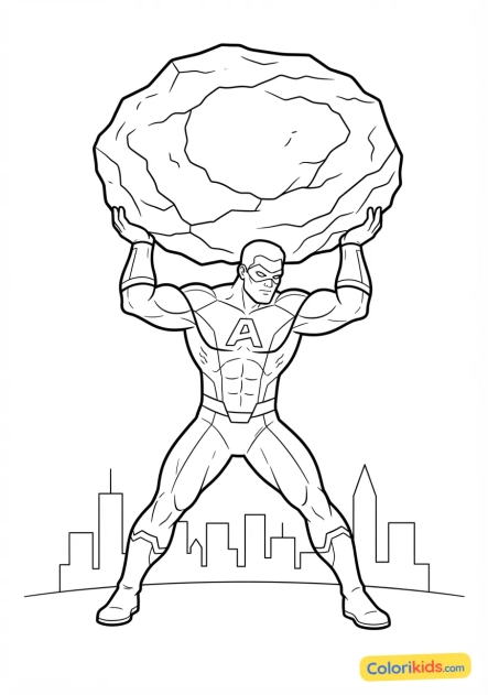Coloriage à imprimer : super-héros costaud soulevant un rocher géant pour sauver la ville