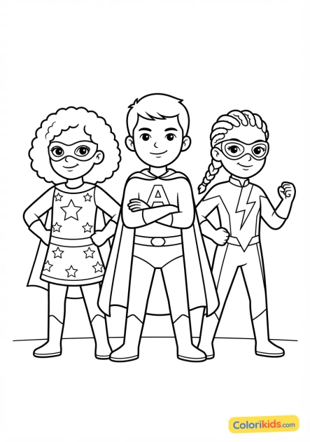 Coloriage à imprimer : Équipe de jeunes super-héros posant ensemble avec assurance