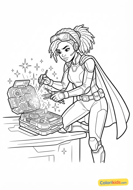 Coloriage à imprimer : super-héroïne technologique réparant un gadget high-tech étincelant
