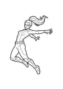 Voir le coloriage Super-héroïne acrobatique effectuant un saut périlleux héroïque
