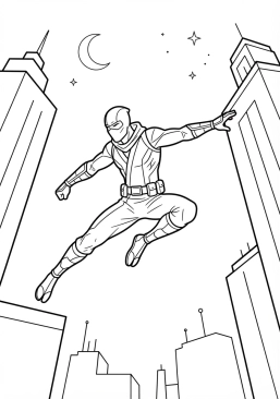 Voir le coloriage Super-héros ninja agile sautant entre les gratte-ciels la nuit