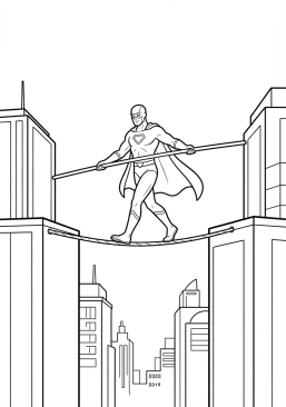 Voir le coloriage Super-héros agile marchant sur un fil entre deux gratte-ciels