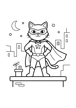 Voir le coloriage Chat costumé en super-héros masqué posé sur un toit urbain