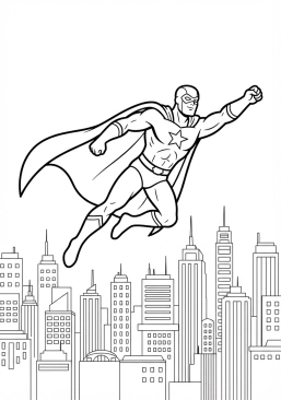 Voir le coloriage Super-héros courageux volant fièrement au-dessus d'une métropole animée