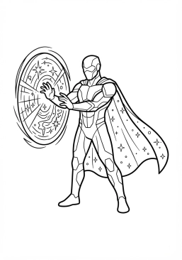Voir le coloriage Super-héros dimensionnel ouvrant un portail cosmique étincelant