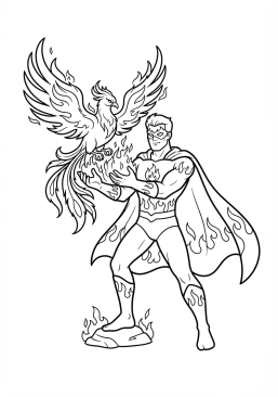 Voir le coloriage Super-héros de feu créant un phoenix flamboyant dans ses mains