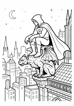 Voir le coloriage Super-héros mystérieux observant la ville depuis une gargouille