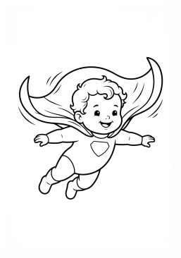 Voir le coloriage Bébé super-héros souriant portant une cape flottante au vent
