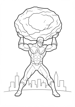 Voir le coloriage Super-héros costaud soulevant un rocher géant pour sauver la ville