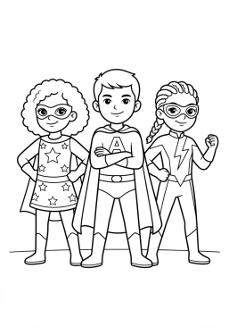 Voir le coloriage Équipe de jeunes super-héros posant ensemble avec assurance