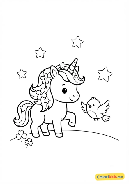 Coloriage à imprimer : bébé licorne jouant avec un oiseau