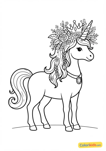 Coloriage à imprimer : licorne royale et couronne de fleurs