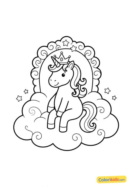 Coloriage à imprimer : licorne royale sur un nuage trône