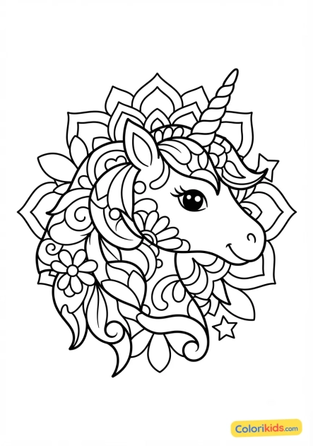 Coloriage à imprimer : licorne stylisée en mandala doux
