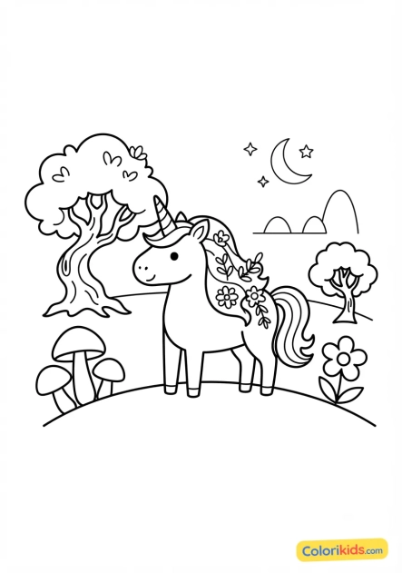 Ausmalbild zum Ausdrucken: einhorn und verzauberter Wald