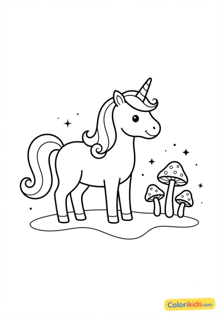 Coloriage à imprimer : licorne et champignons enchantés