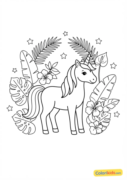 Coloriage à imprimer : licorne et feuillage tropical enchanté