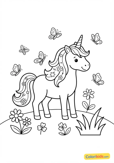 Coloriage à imprimer : licorne et papillons voltigeurs