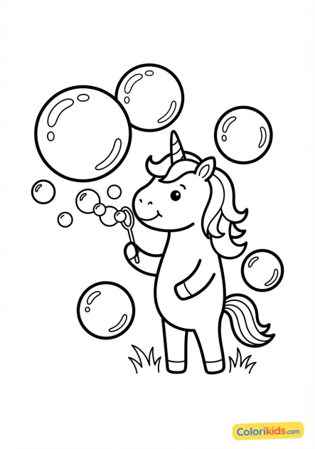 Coloriage à imprimer : licorne et bulles de savon géantes