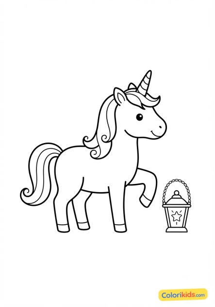 Coloriage à imprimer : licorne et lanterne magique