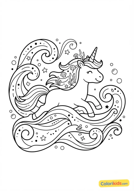Coloriage à imprimer : licorne et vagues de l'océan magique