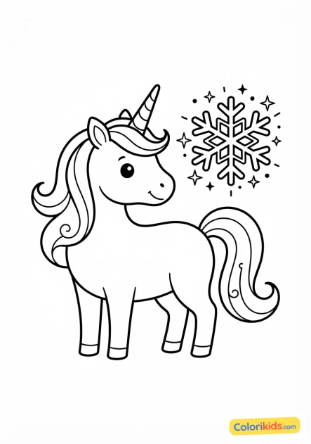 Coloriage à imprimer : licorne et flocon de neige étincelant