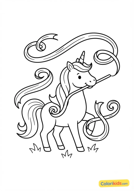 Coloriage à imprimer : licorne et rubans virevoltants