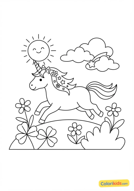 Coloriage à imprimer : licorne galopant dans une prairie enchantée