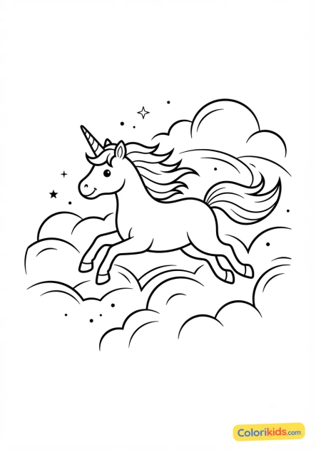Coloriage à imprimer : licorne au galop dans les nuages
