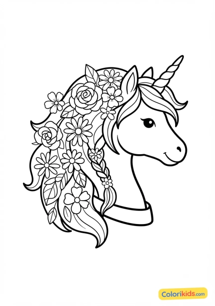 Coloriage à imprimer : tête de licorne et crinière fleurie